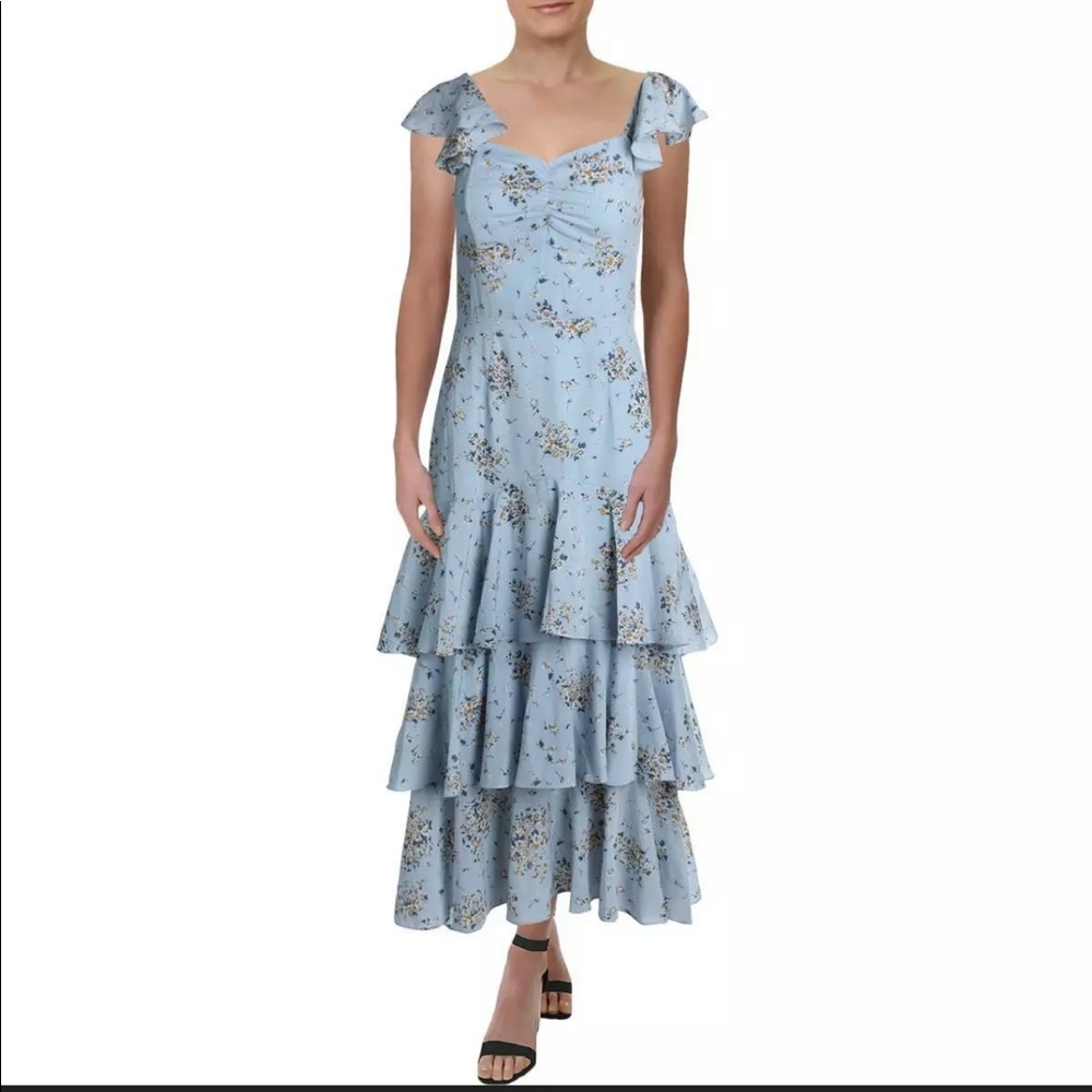 AQUA XS floral ruffle blue sun dress maxi